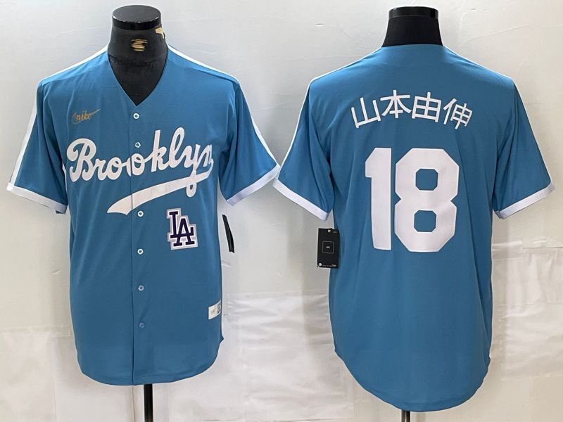 Men Los Angeles Dodgers #18 Yamamoto Light blue Throwback 2024 Nike MLB Jersey style 4